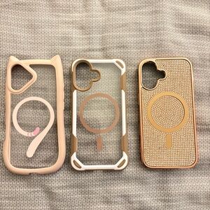 Stylish iPhone 16 Case Set - pale pink cat, Beige, White, Gold